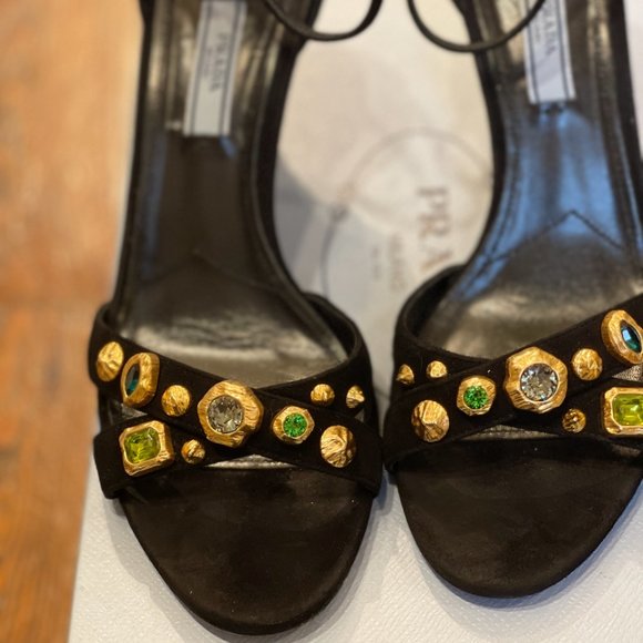 PRADA Black Suede Ankle Strap Sandals Metal Sculptural Gold Heel with Emeralds - Picture 11 of 16